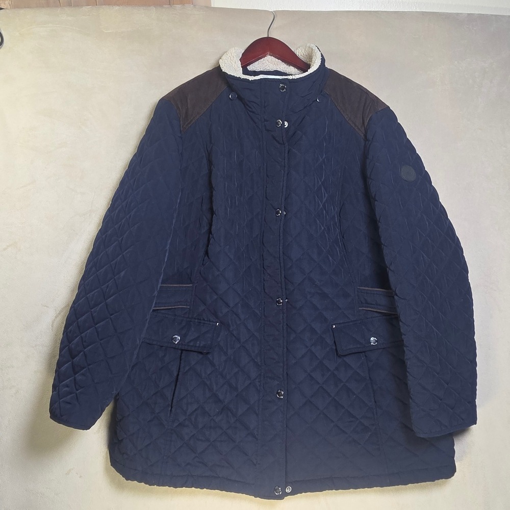 Laundry by Shelli Segal Navy Quilted Jacket Faux Suede Trim Sherpa Collar 2X